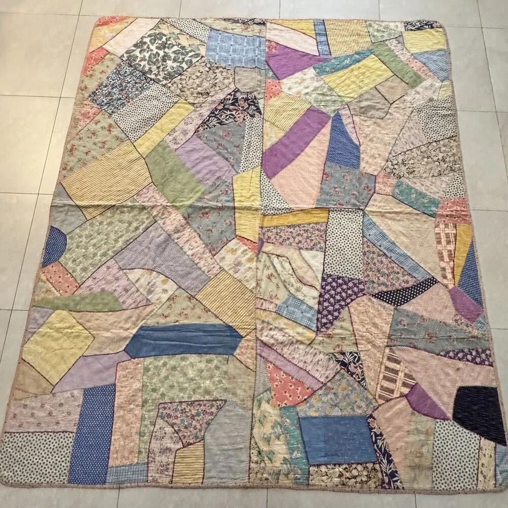Vintage Abstract patchwork quilt Blue Pink Yellow Red Green Thin 69”x80” Read